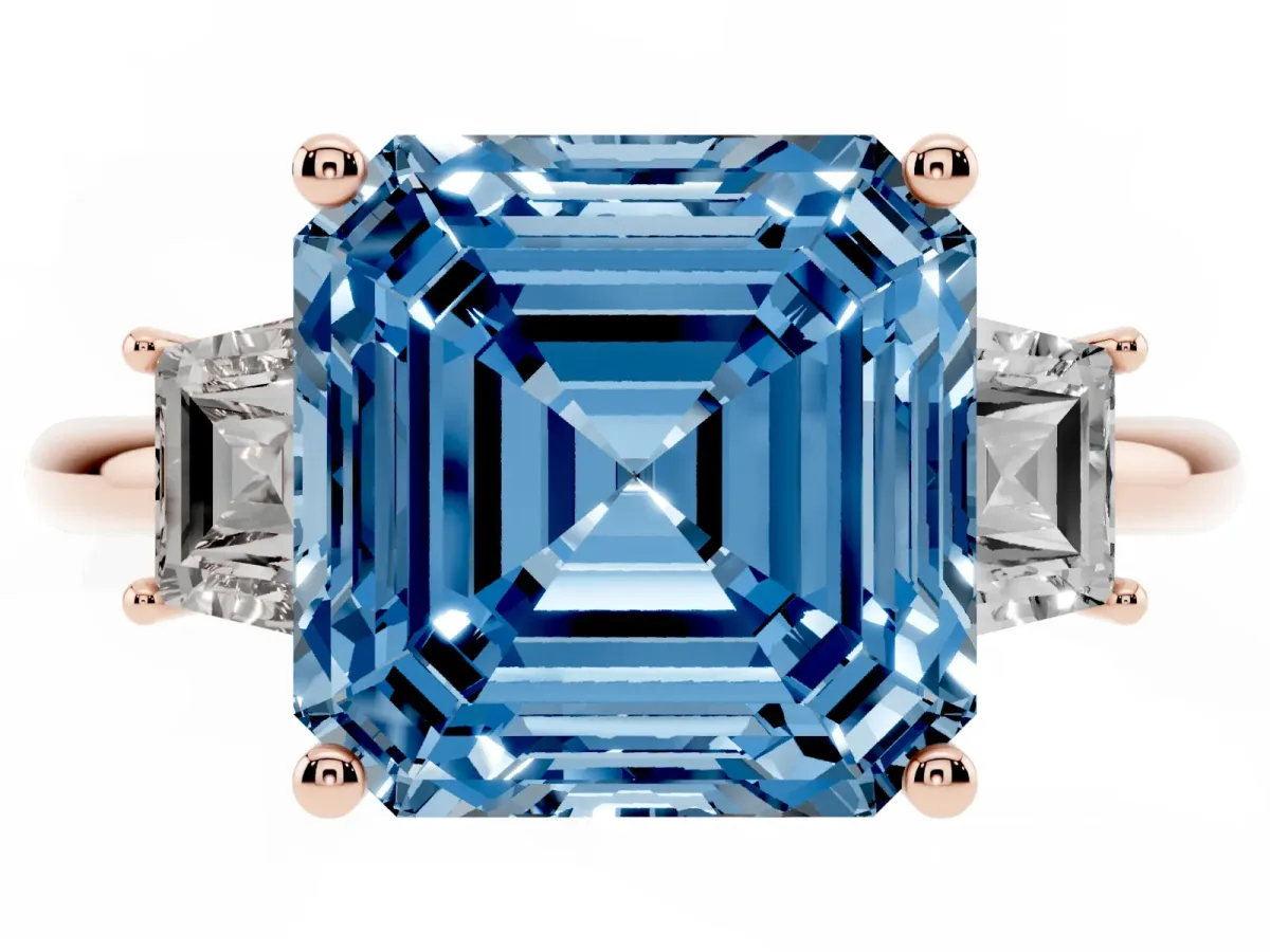 Fancy Blue Asscher Cut Diamond Three-Stone Ring with Trapezoid Side Stones and Prong Setting Rose gold
