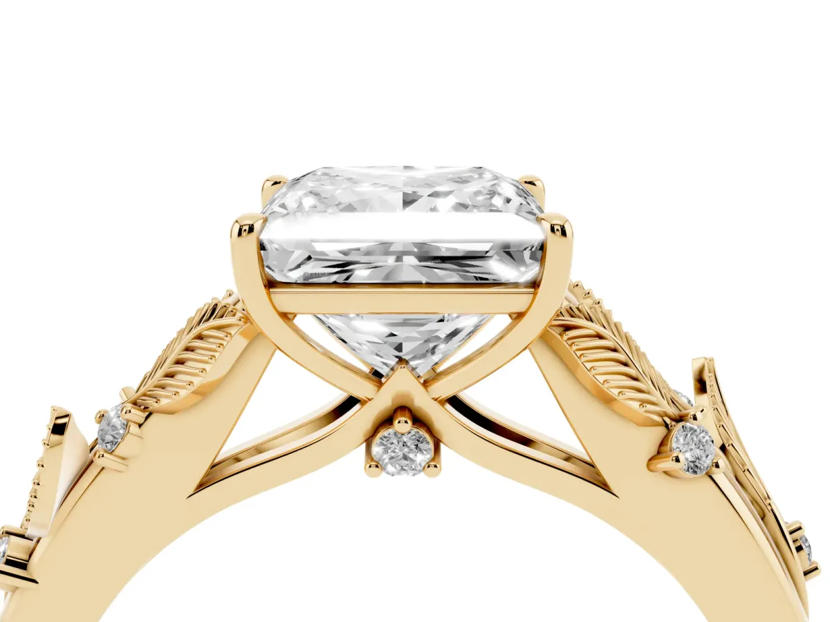 Princess Cut Diamond Solitaire Ring with Leaf Motif Band and Four-Prong Setting Yellow gold