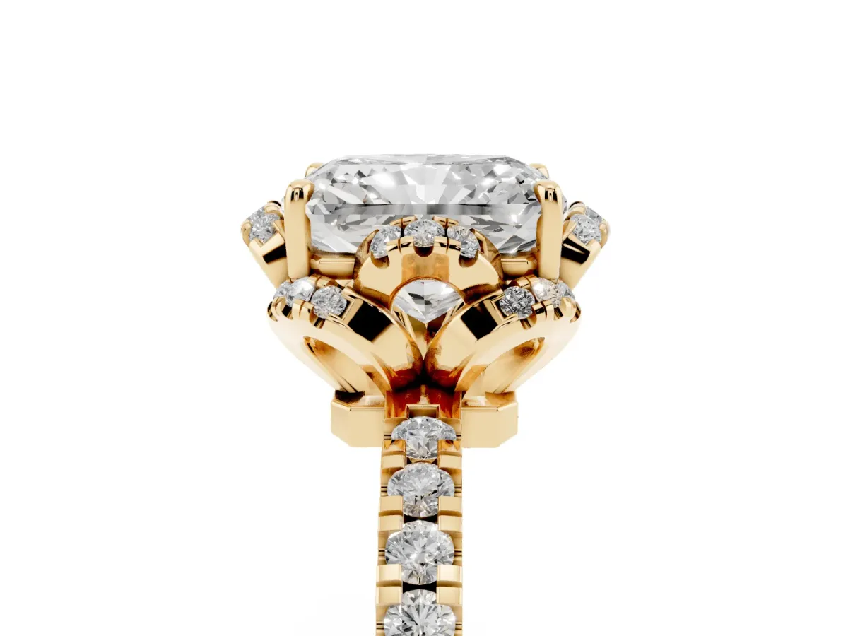 Radiant Cut Diamond Halo Pave Band with Four-Prong Setting Yellow gold