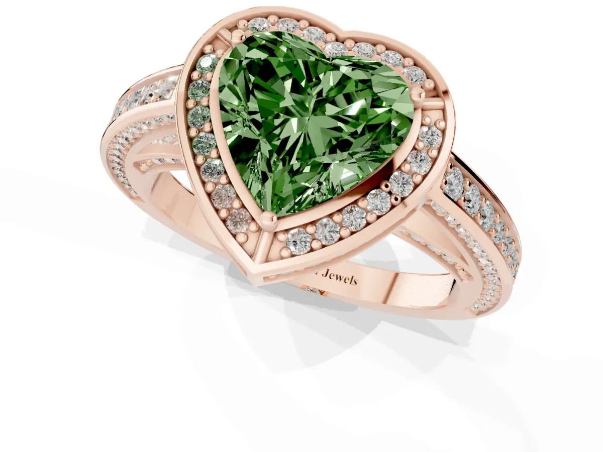 Fancy Green Heart Cut Cut Halo Pave Split Shank Prong Setting Ring Rose gold
