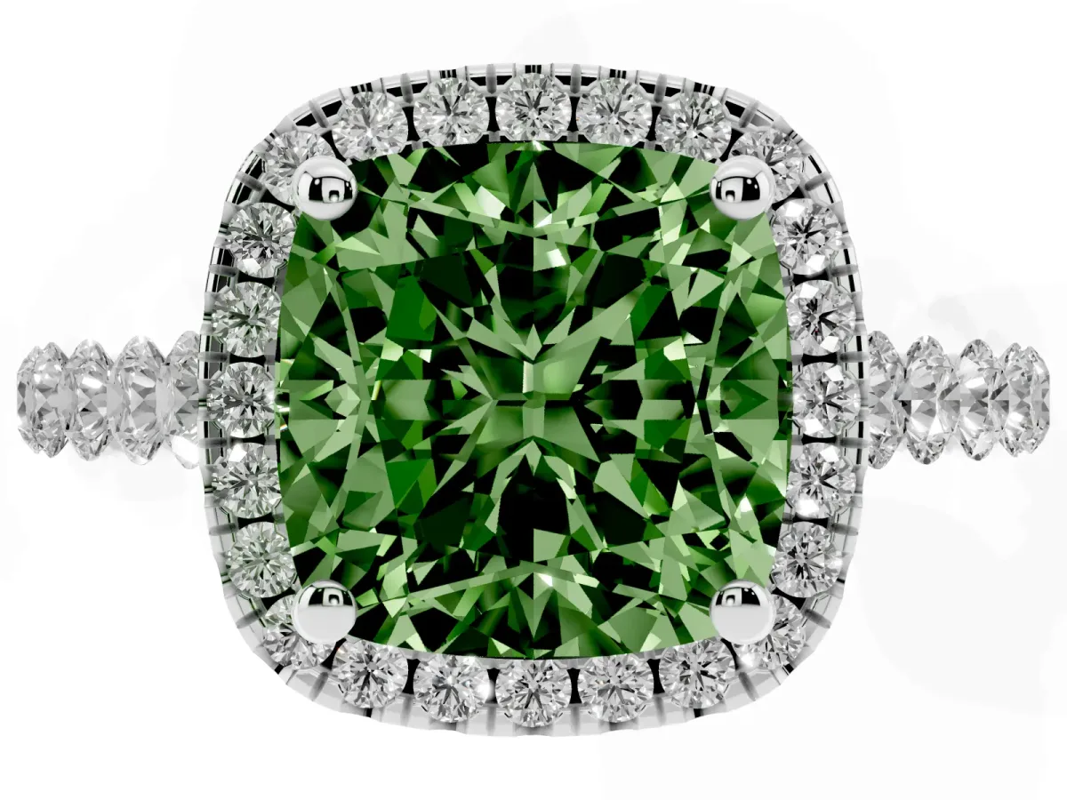 Fancy Green Cushion Cut Halo Pavé Diamond Engagement Ring with Four-Prong Setting Platinum