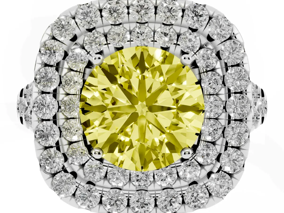 Fancy Yellow Double Halo Round Cut Diamond Pavé Split Shank Ring with Prong Setting Platinum
