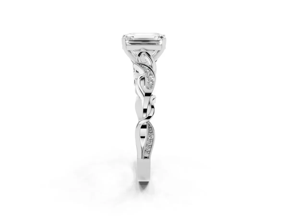 Emerald Cut Solitaire Vine Band with Milgrain Prong Setting Platinum
