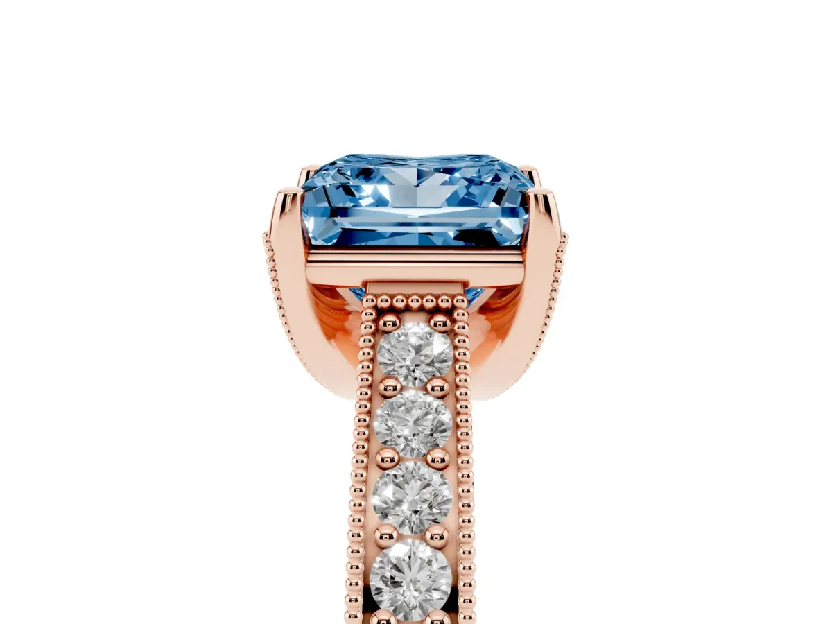 Fancy Blue Princess Cut Cut Diamond Solitaire Ring with Milgrain Pave Band and Four Prong Setting Rose gold