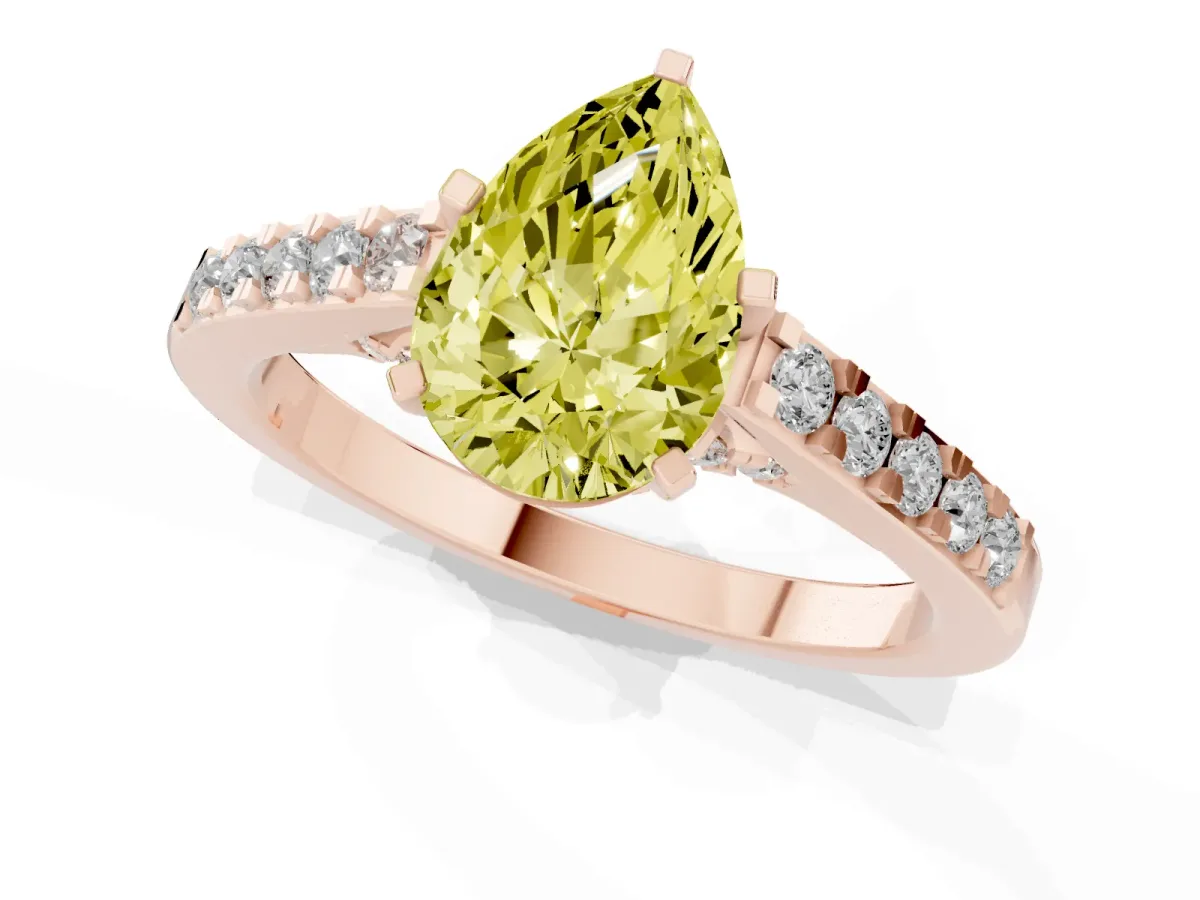 Fancy Yellow Pear Cut Diamond Solitaire Ring with Crossover Gallery and Round Pavé Band Rose gold