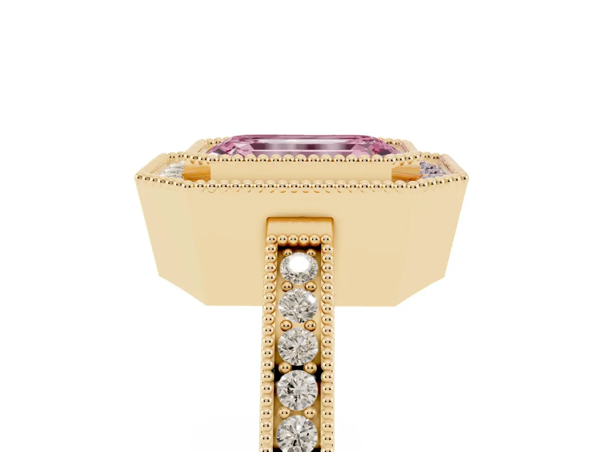 Fancy Pink Emerald Cut Cut Halo Diamond Ring with Pavé Band and Milgrain Prong Setting Yellow gold