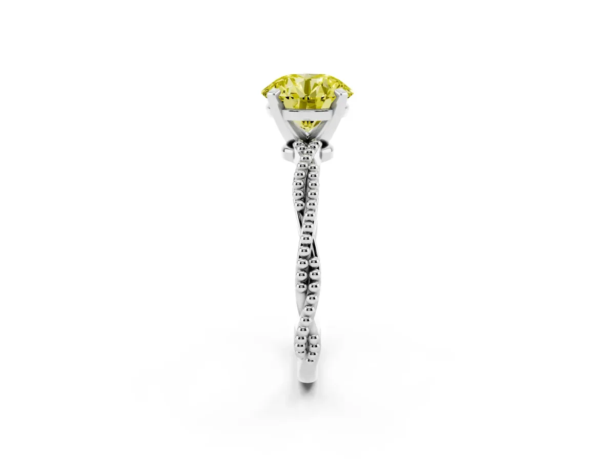 Fancy Yellow Round Cut Solitaire Twisted Band with Bead Prong Setting Platinum