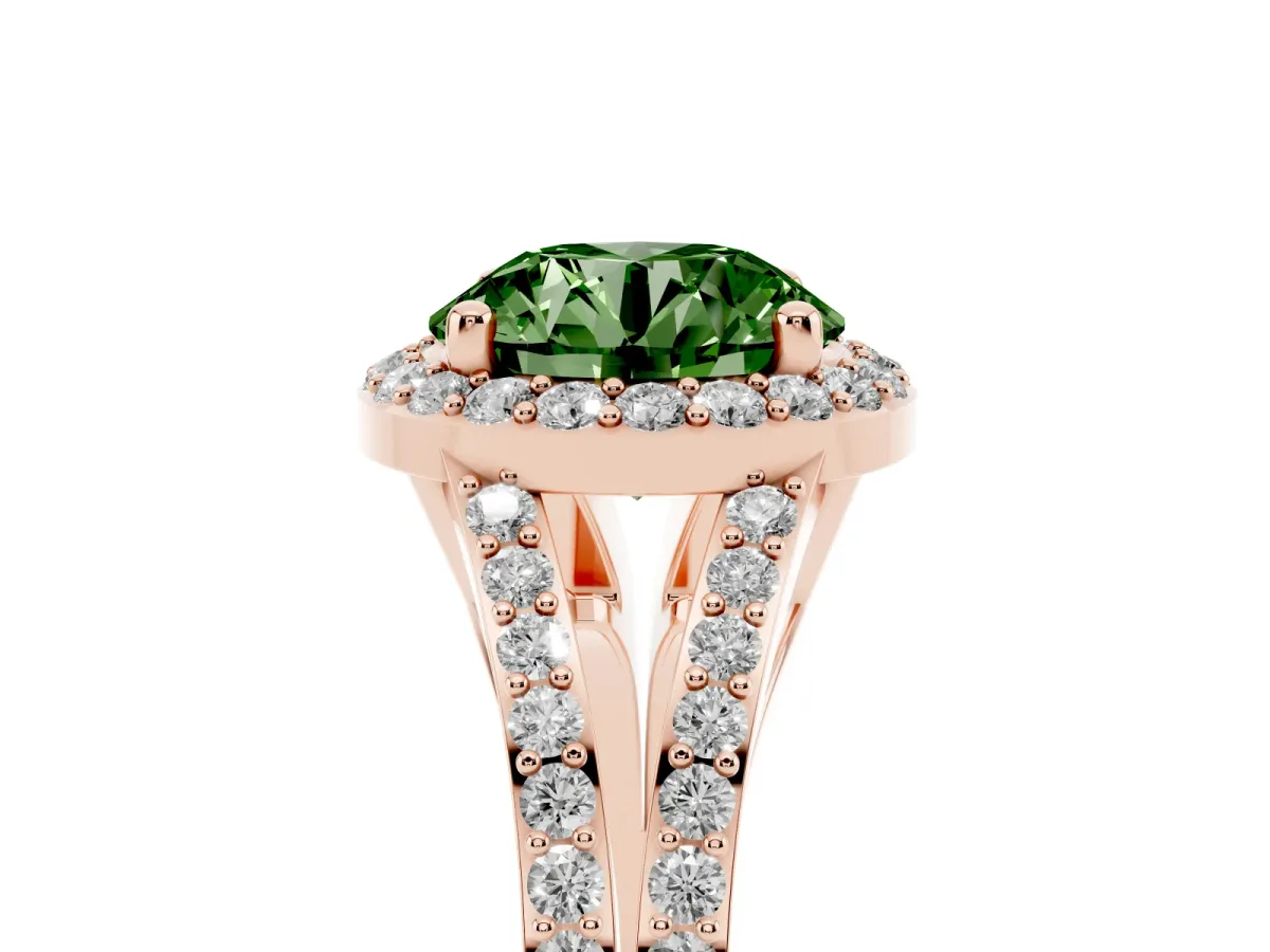 Fancy Green Round Cut Halo Split Shank Diamond Ring with Prong Setting Rose gold