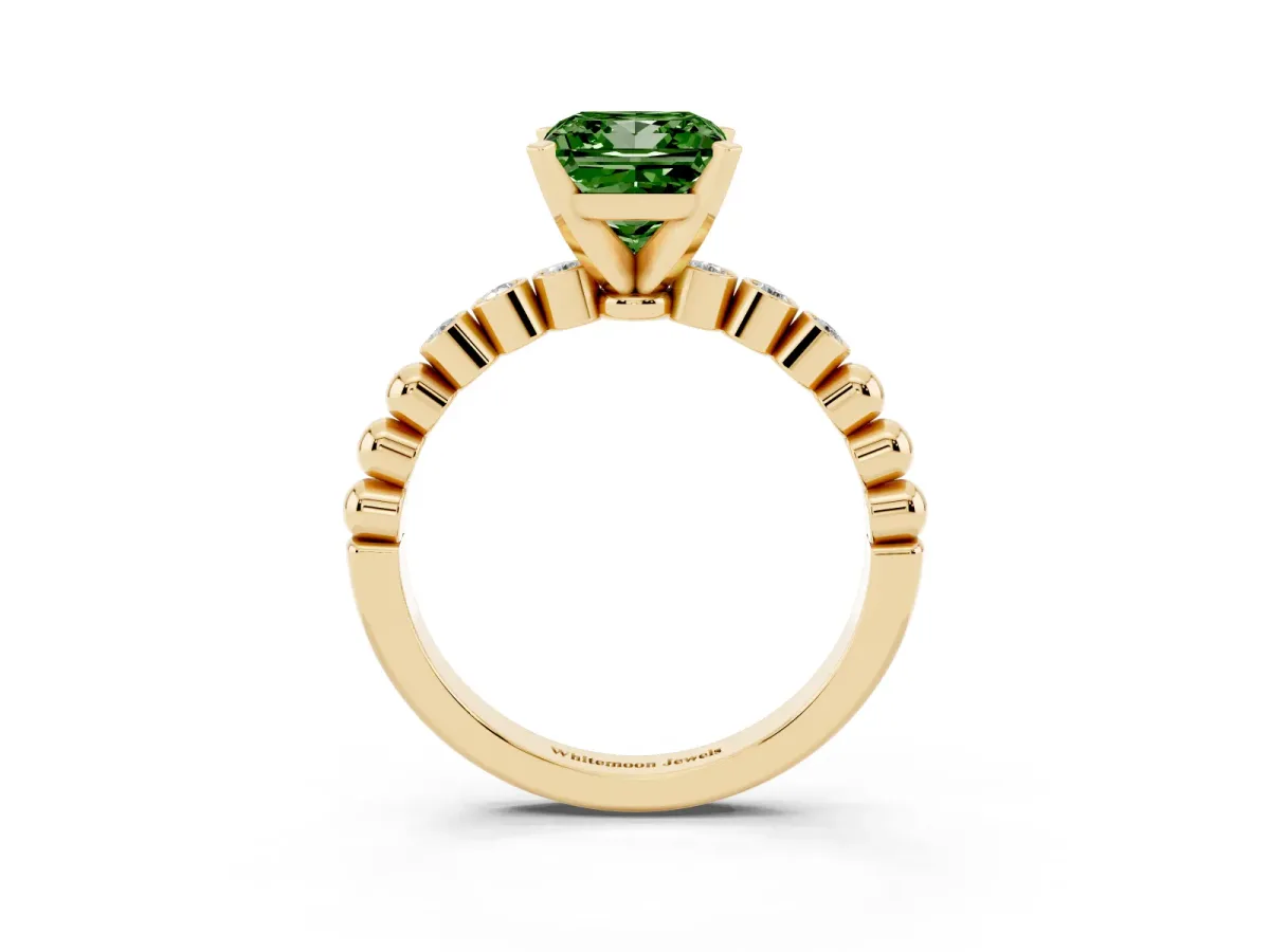 Fancy Green Princess Cut Solitaire Bezel Accent Diamond Engagement Ring with Beaded Band and Four-Prong Setting Yellow gold
