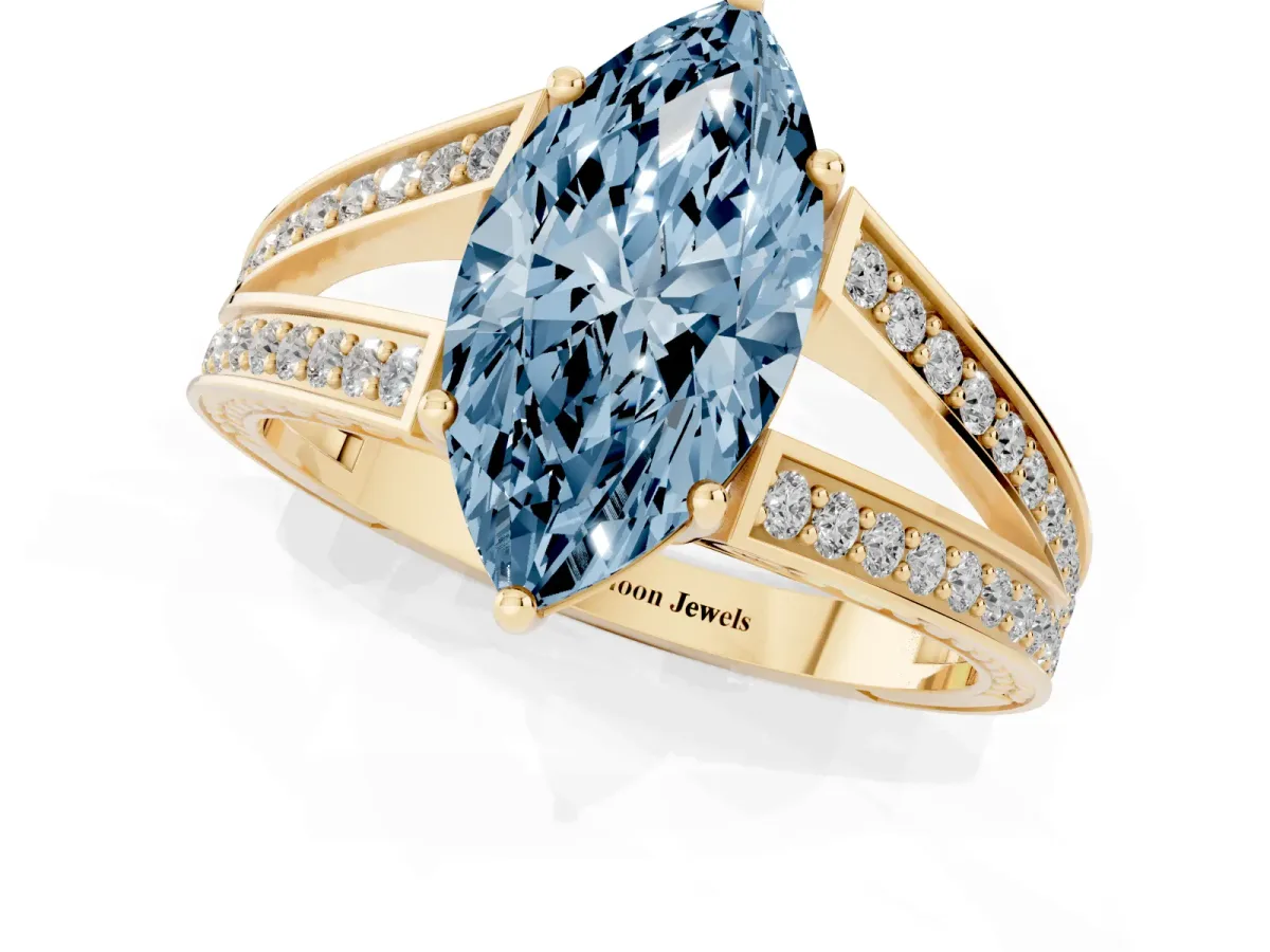 Fancy Blue Marquise Cut Diamond Split Shank Ring with Pavé Band and Four-Prong Setting Yellow gold