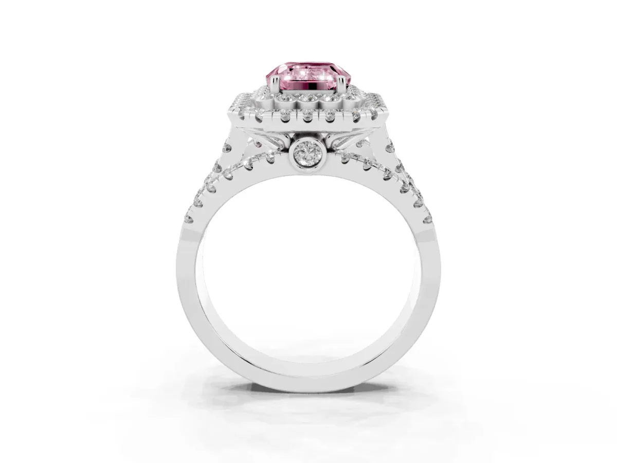 Fancy Pink Emerald Cut Diamond Double Halo Ring with Round Pavé Split Shank and Prong Setting Silver