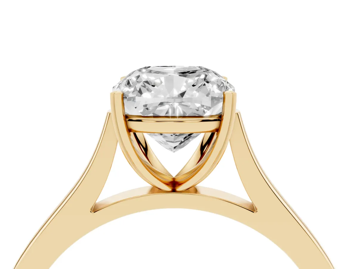Cushion Cut Solitaire Heart Prong Engagement Ring with Tapered Band Yellow gold