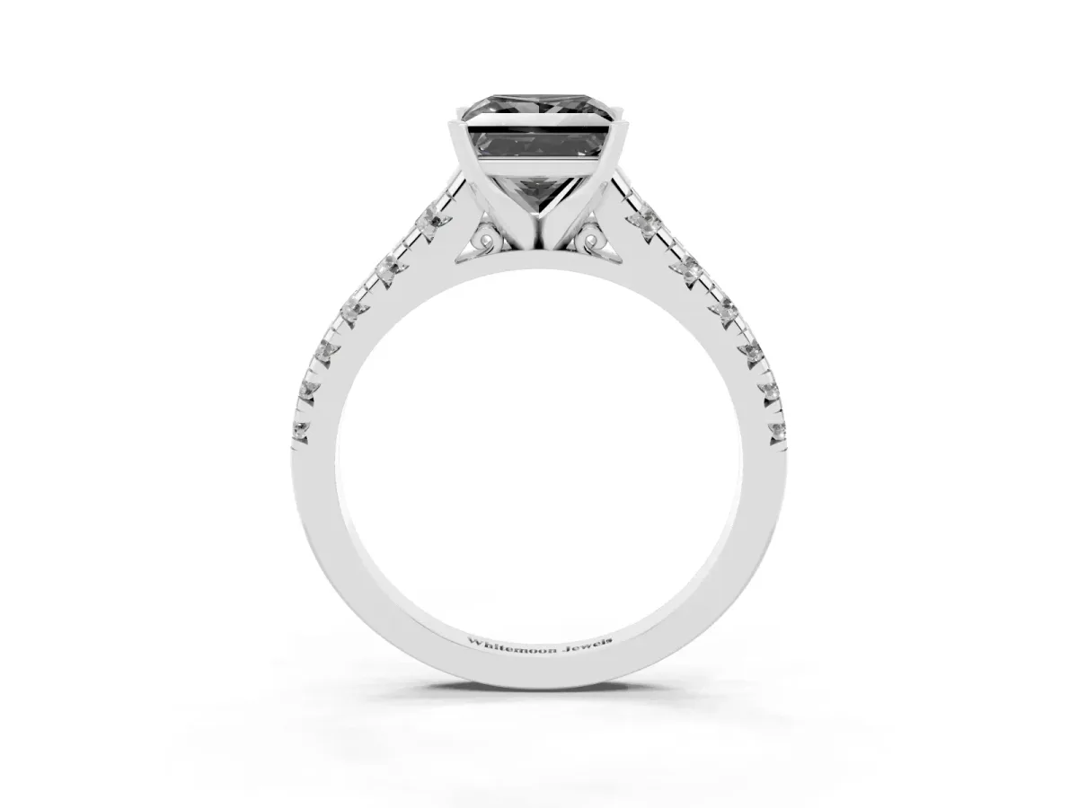 Fancy Black Princess Cut Diamond Cathedral Solitaire Ring with Round Pavé Band Silver