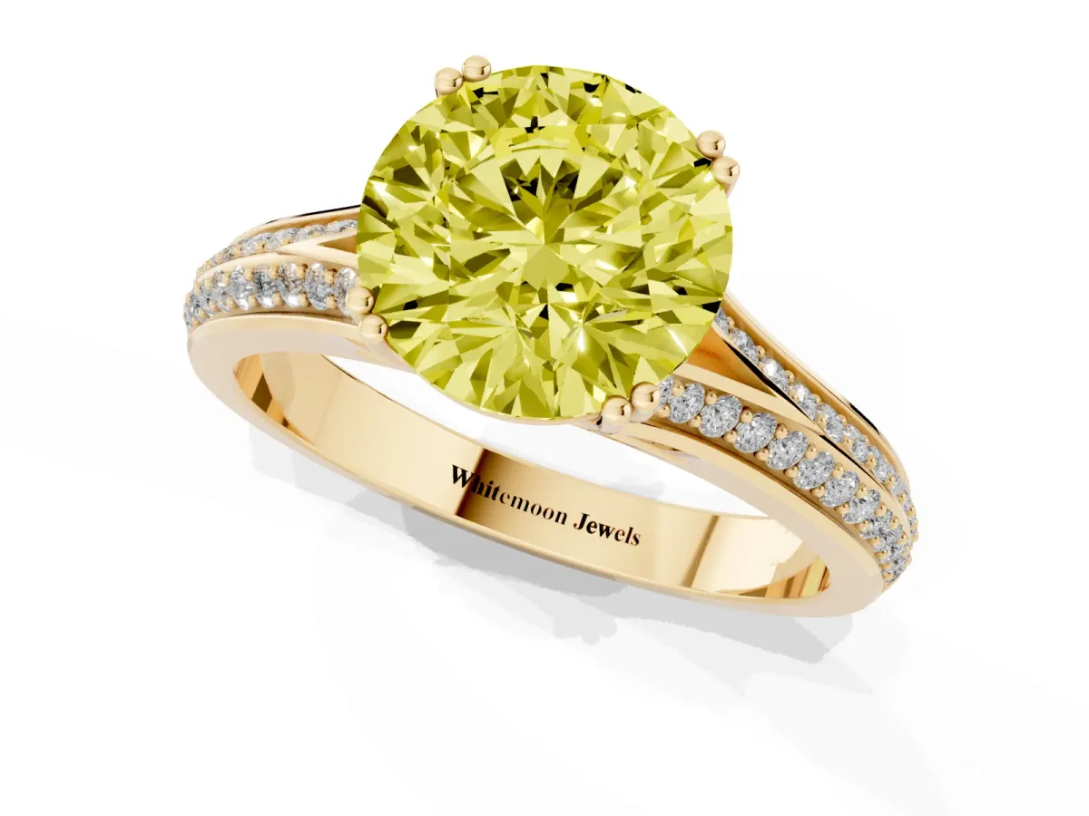 Fancy Yellow Round Cut Diamond Split Shank Engagement Ring with Pavé Band Yellow gold