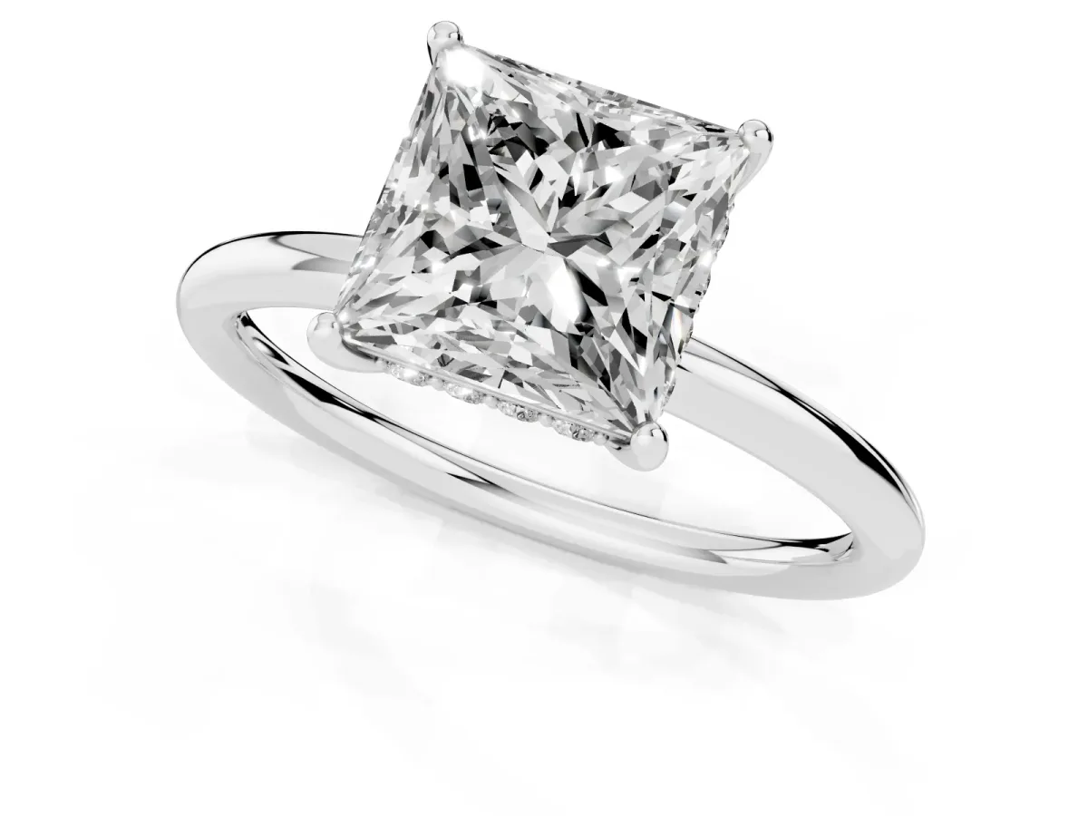 Princess Cut Solitaire Diamond Ring with a Classic Band and Four-Prong Setting Silver