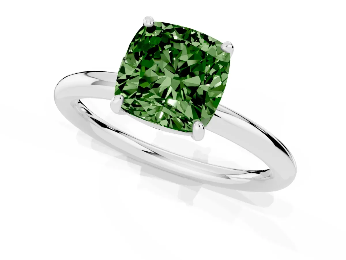 Fancy Green Cushion Cut Solitaire Diamond Ring with Four-Prong Setting on a Plain Band Platinum