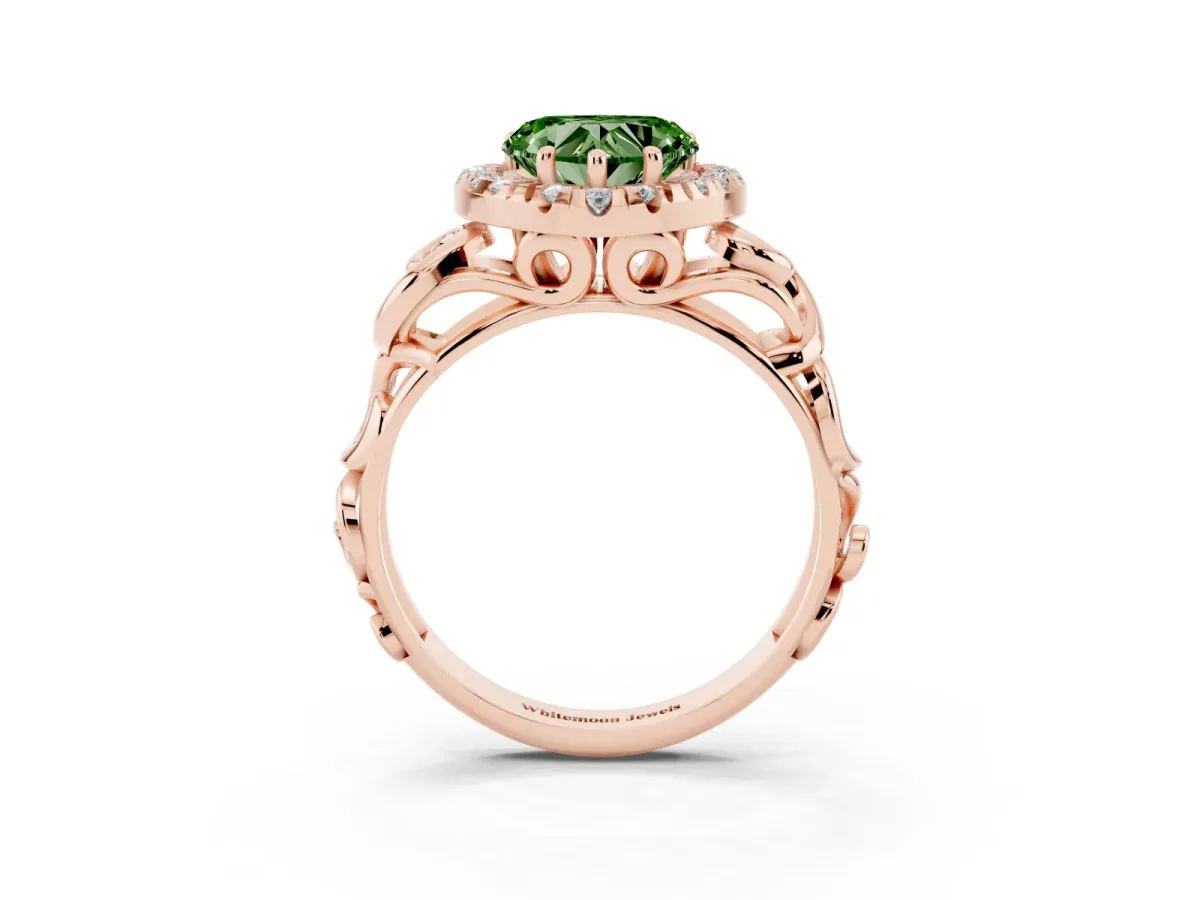 Fancy Green Heart Cut Cut Halo Diamond Ring with Scrollwork Band and Four-Prong Setting Rose gold