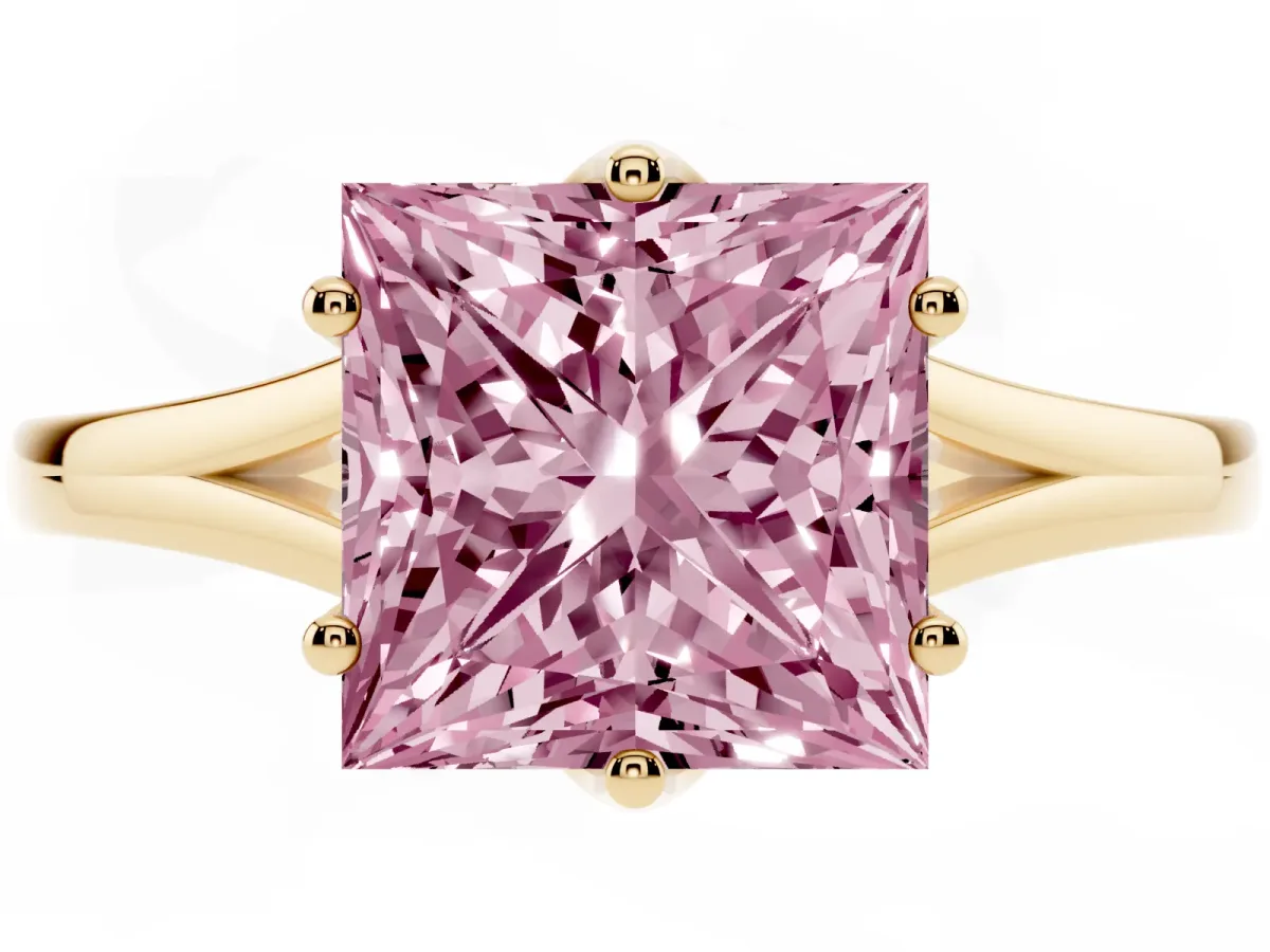 Fancy Pink Princess Cut Solitaire Diamond Ring with Six-Prong Setting and Tapered Band Yellow gold