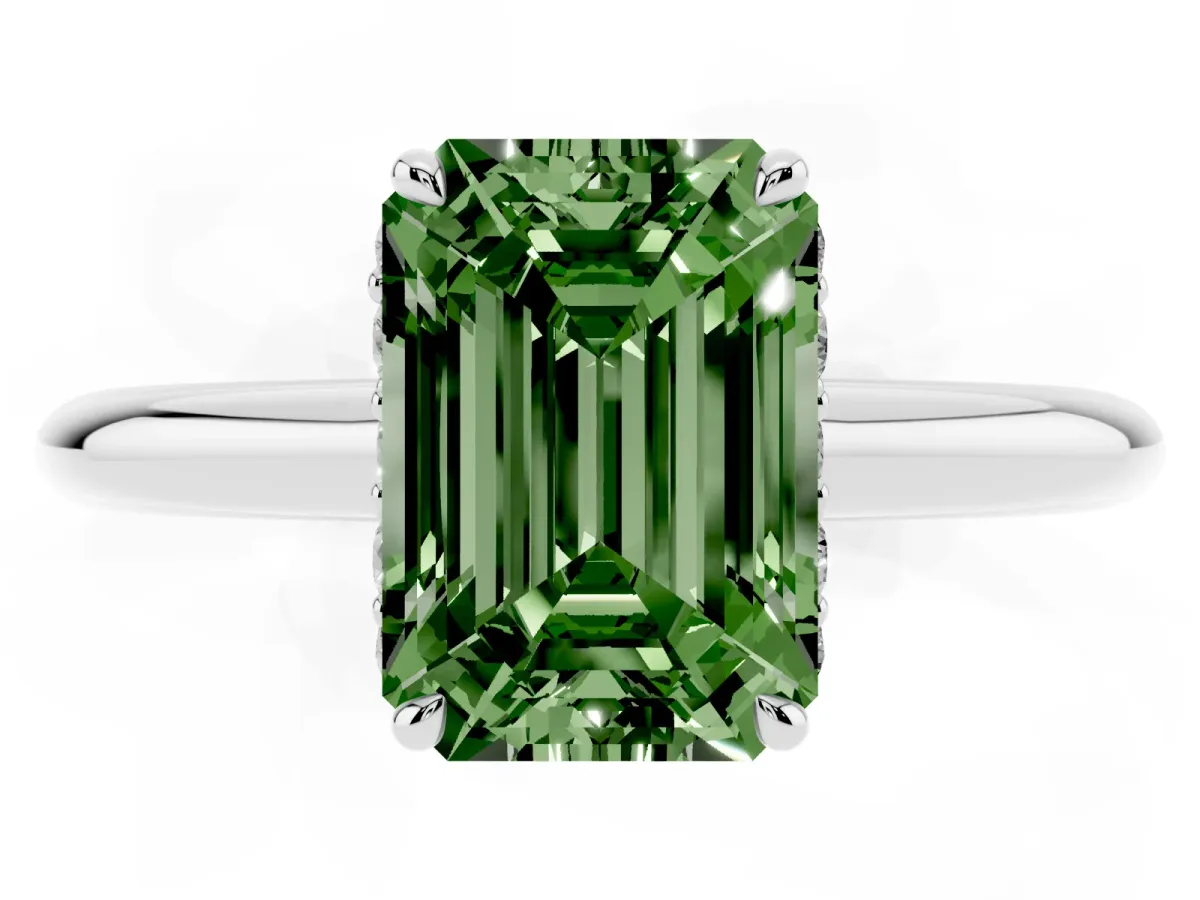 Fancy Green Emerald Cut Brilliant Solitaire Engagement Ring with Six-Prong Setting and Classic Band Silver