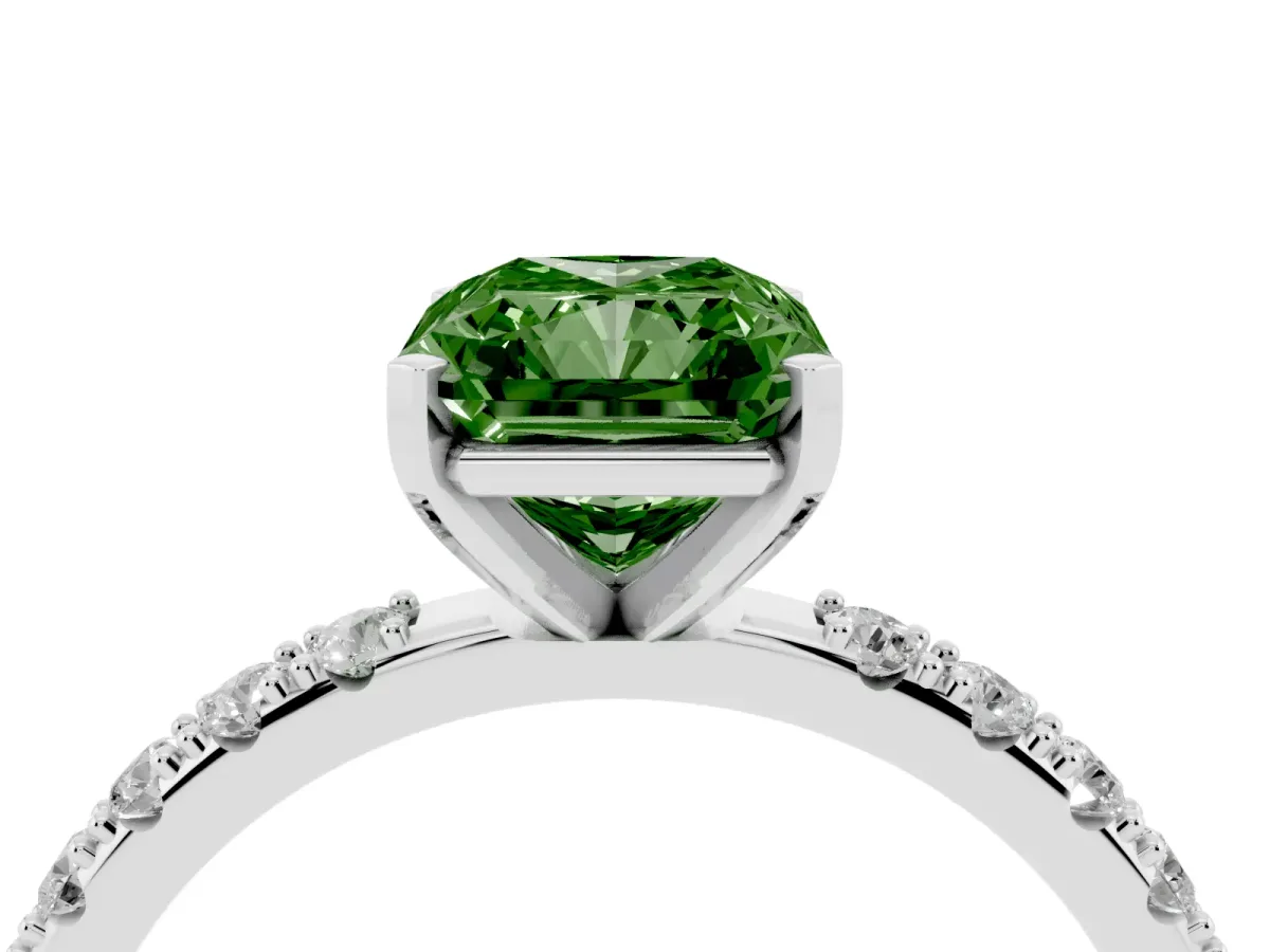 Fancy Green Radiant Cut Diamond Solitaire Pavé Band with Four-Prong Setting Silver