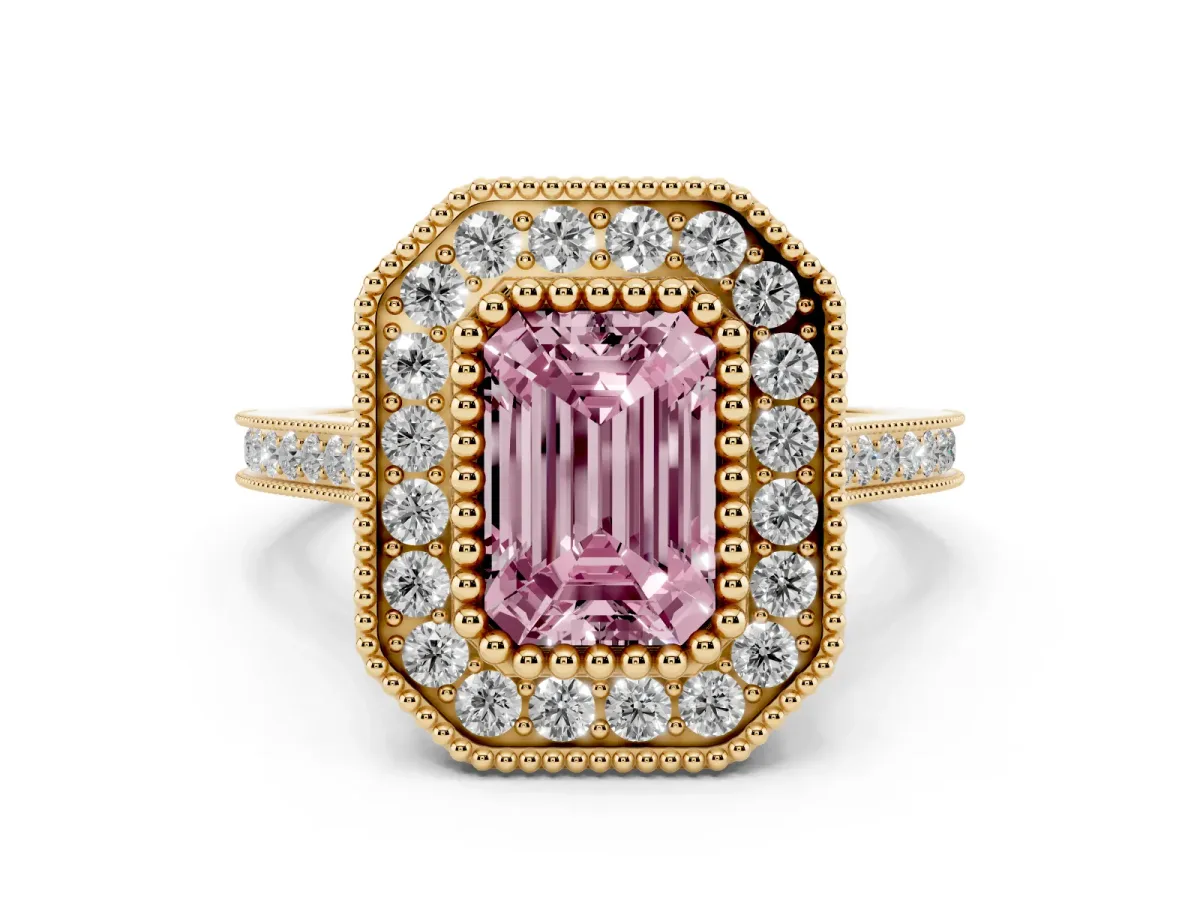 Fancy Pink Emerald Cut Diamond Halo Ring with Milgrain Frame and Pavé Band Yellow gold