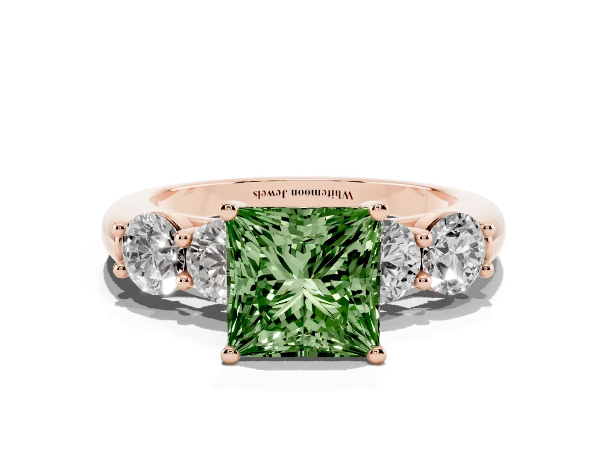 Fancy Green Princess Cut Cut Five-Stone Prong Set Diamond Ring with Classic Band Rose gold