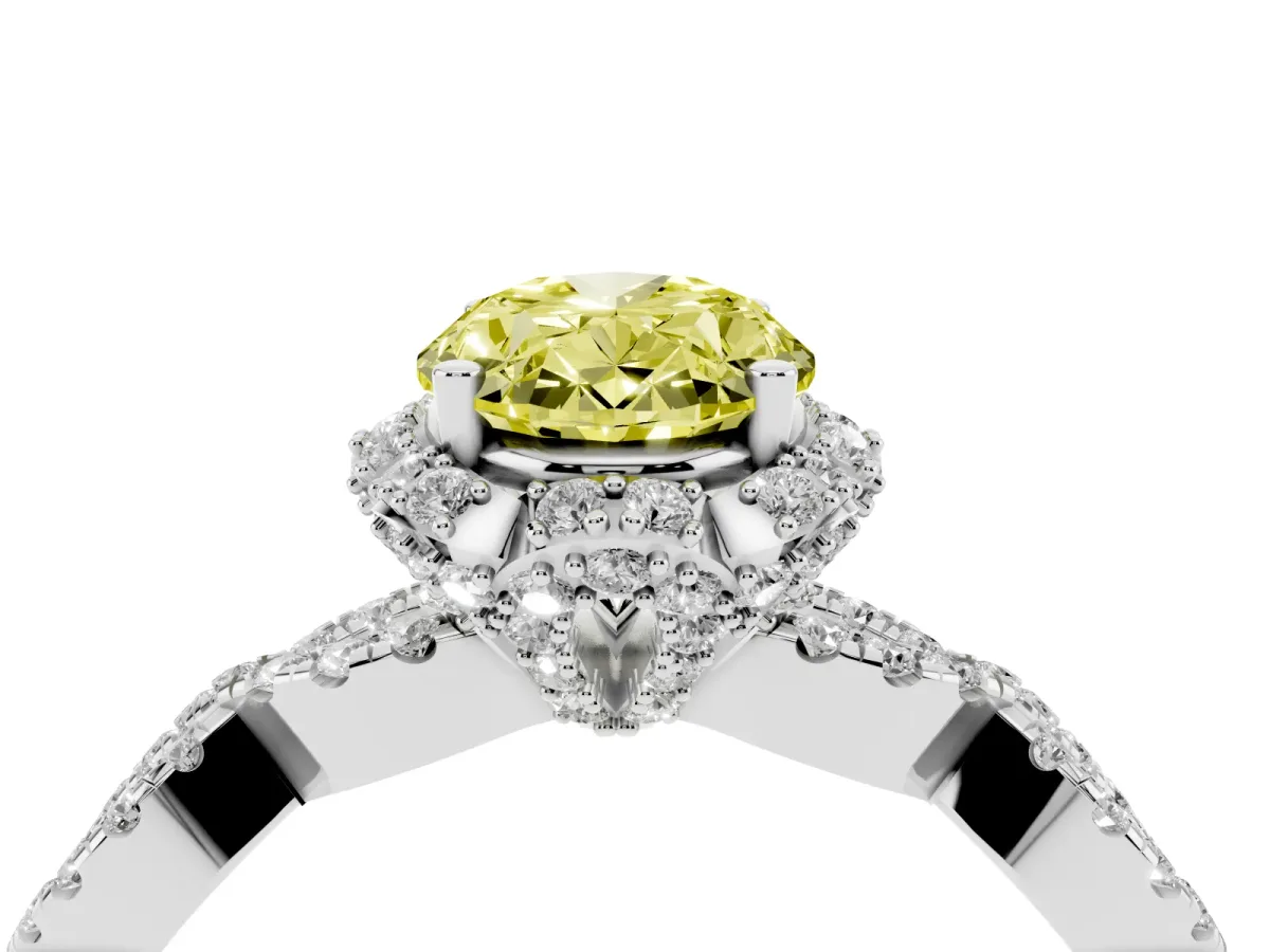 Fancy Yellow Oval Cut Halo Twist Band Solitaire Ring with Six-Prong Setting Silver