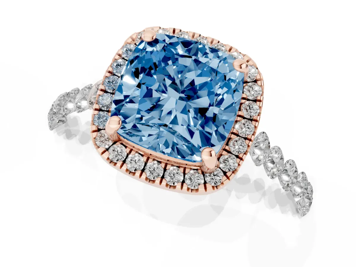 Fancy Blue Cushion Cut Halo Pavé Diamond Engagement Ring with Four-Prong Setting Rose gold