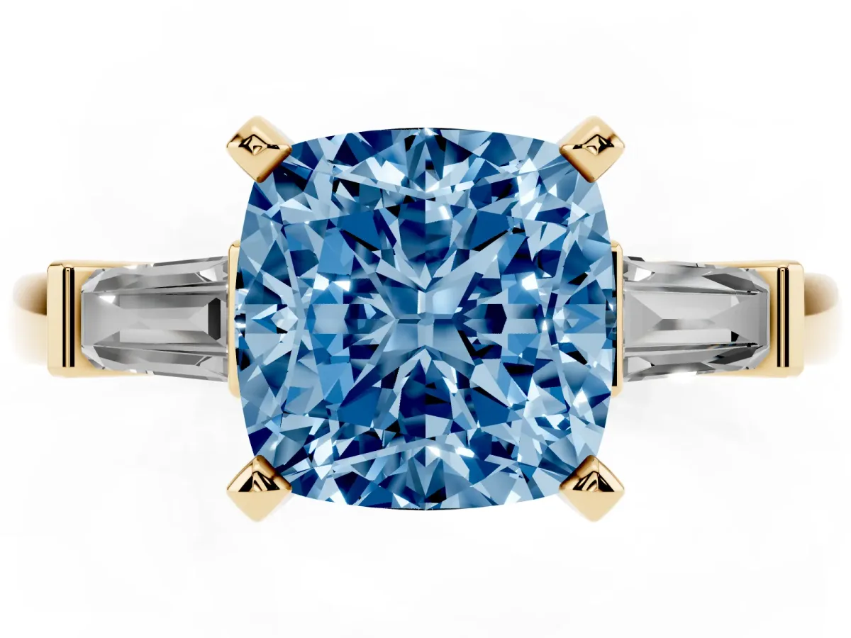 Fancy Blue Cushion Cut Cut Diamond Solitaire Ring with Tapered Baguette Accents and Four-Prong Setting Yellow gold