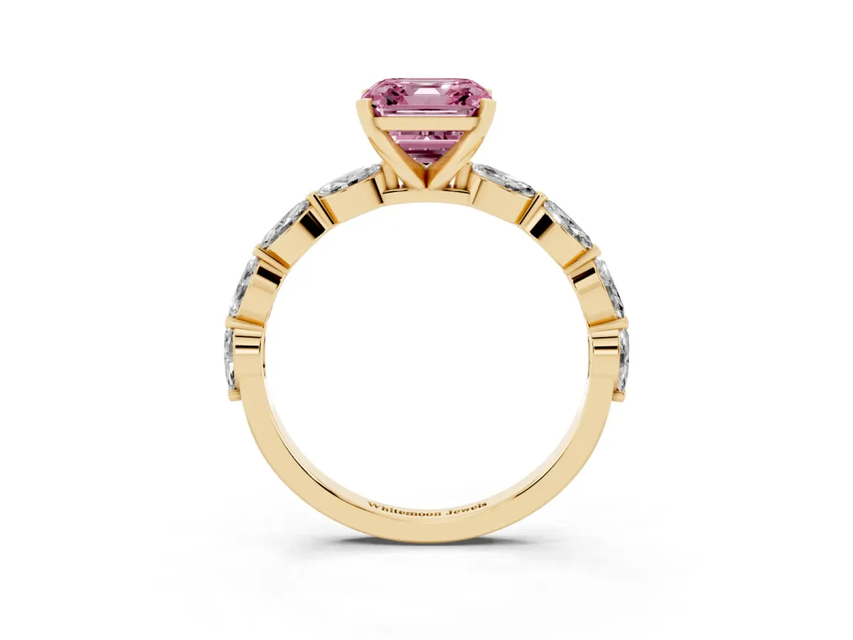 Fancy Pink Asscher Cut Diamond Ring with Marquise Side Stones and Prong Setting Yellow gold