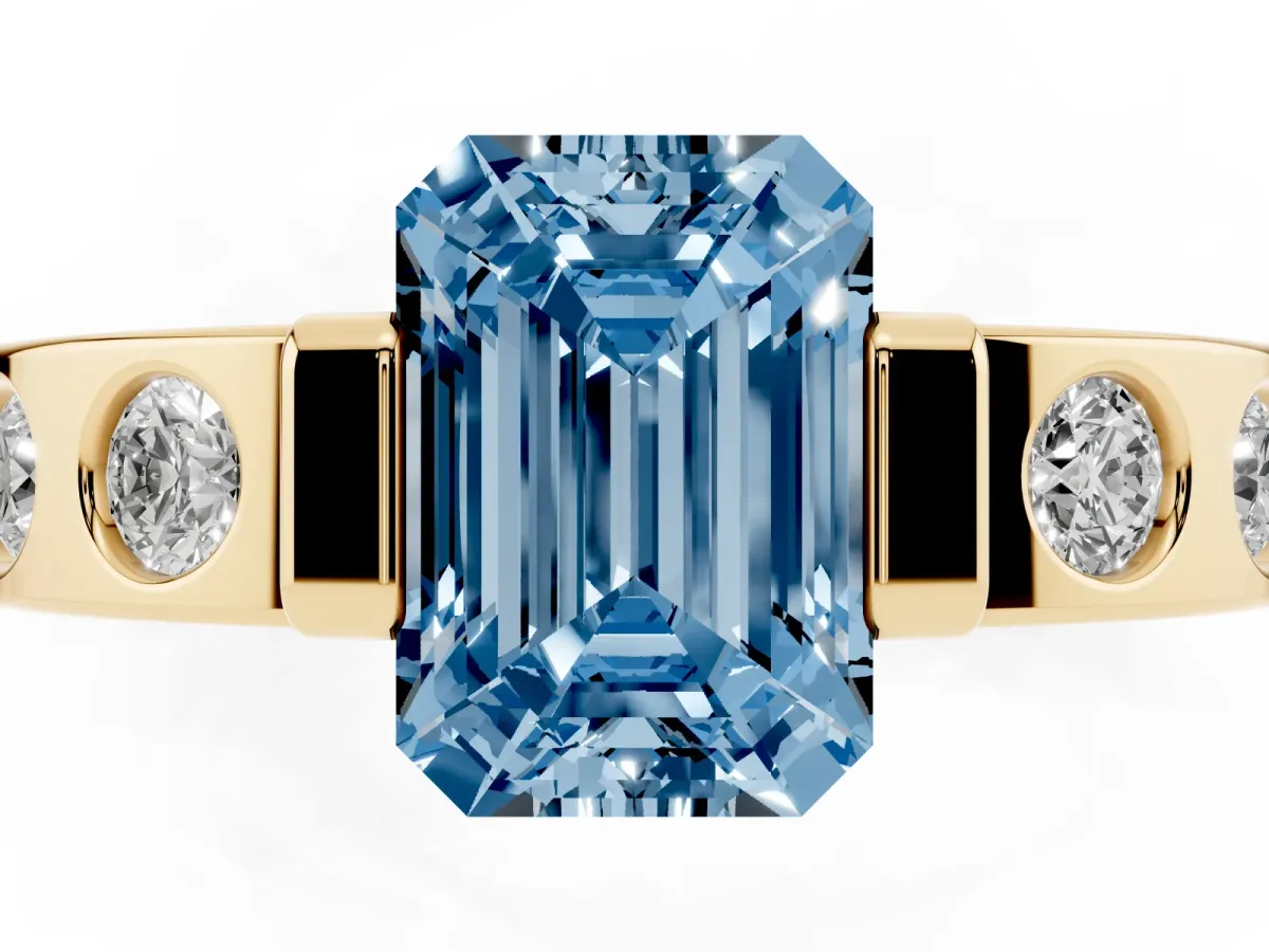 Fancy Blue Emerald Cut Brilliant Channel-Set Diamond Ring with Bezel Prong Setting Yellow gold