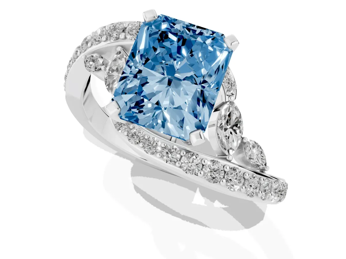 Fancy Blue Radiant Cut Solitaire with Pavé Twist Band and Four-Prong Setting Silver