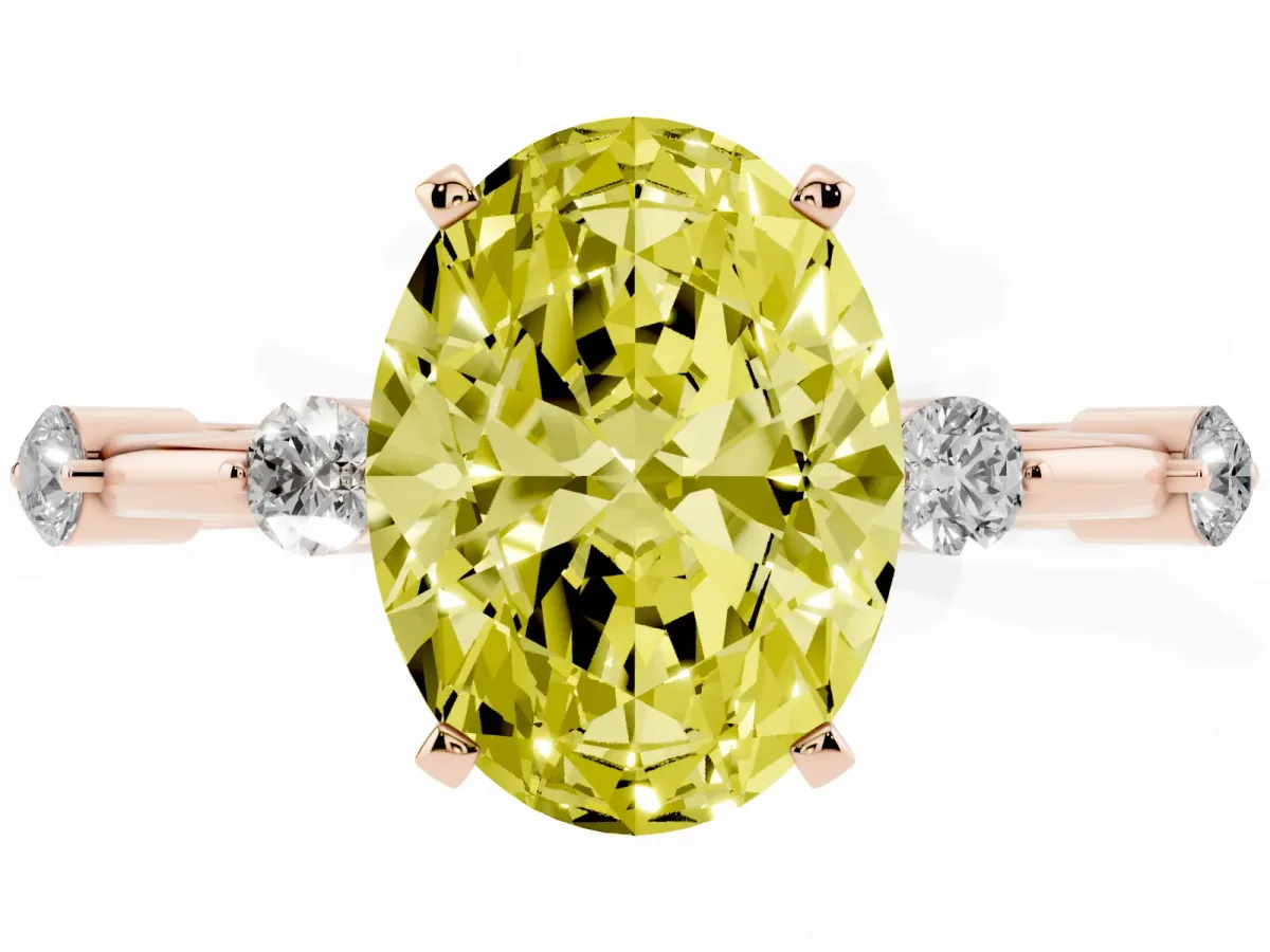 Fancy Yellow Oval Cut Solitaire Diamond Ring with Bezel Set Side Stones and Prong Setting Rose gold