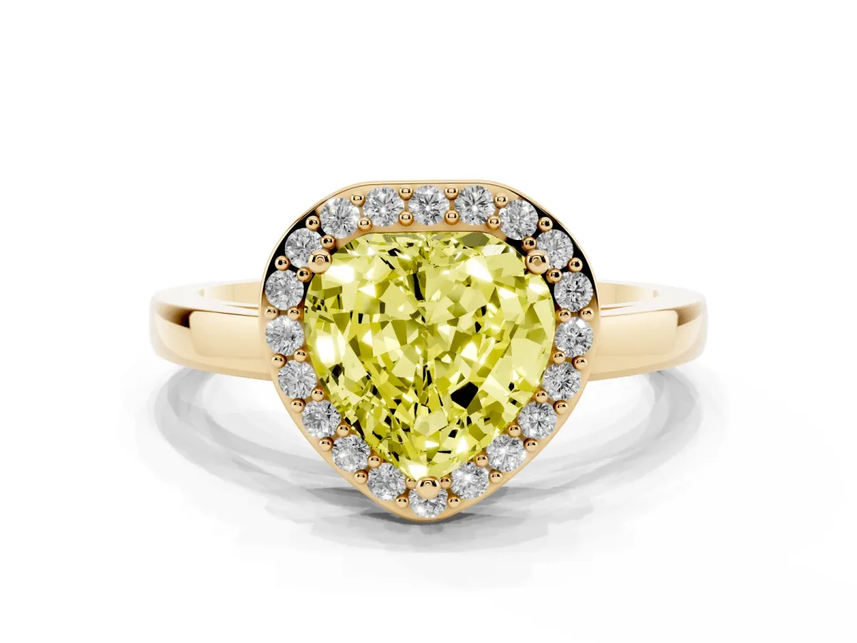 Fancy Yellow Heart Cut Halo Diamond Ring with Solitaire Band and Prong Setting Yellow gold