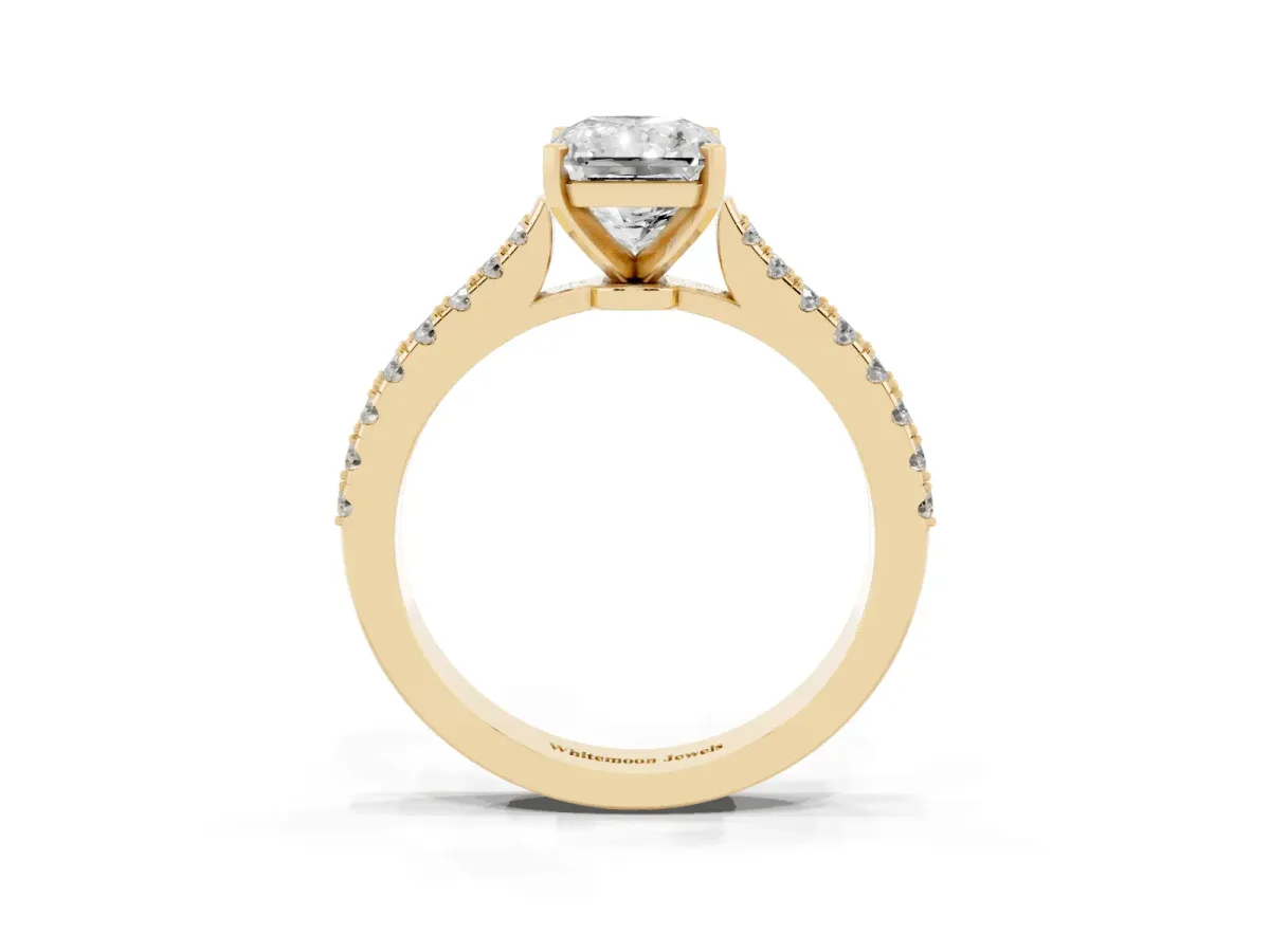 Radiant Cut Cut Solitaire Diamond Engagement Ring with Pave Band and Four-Prong Setting Yellow gold