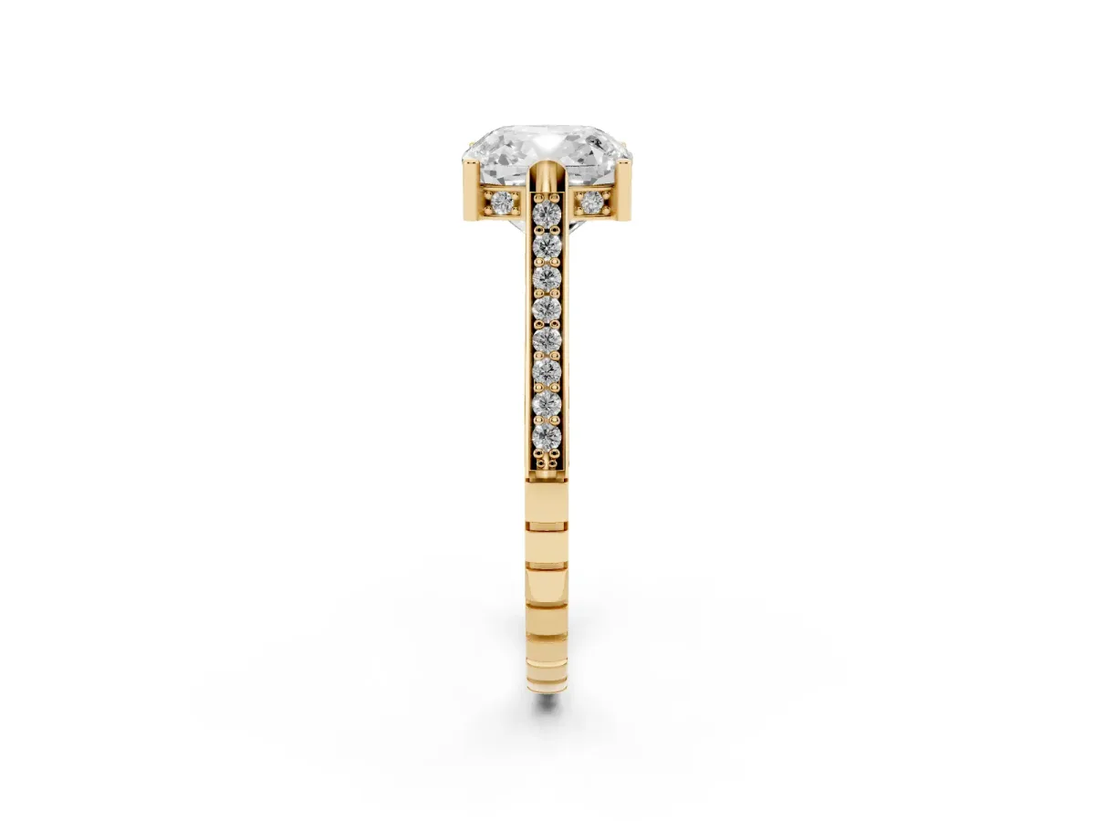 Cushion Cut Solitaire Diamond Ring with Channel Set Band and Bezel Prong Setting Yellow gold