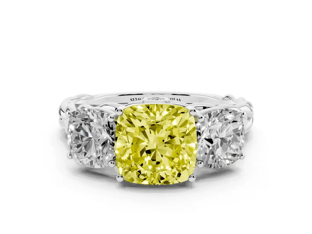 Fancy Yellow Three-Stone Cushion Cut Diamond Braided Band Ring with Four-Prong Setting Silver
