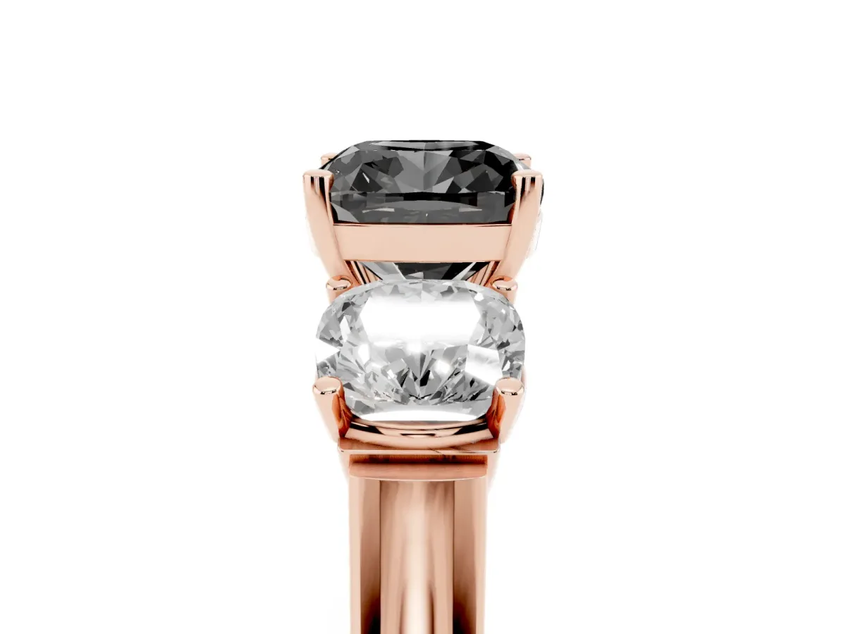 Fancy Black Three-Stone Cushion Cut Brilliant Diamond Trellis Ring with Comfort Fit Band Rose gold