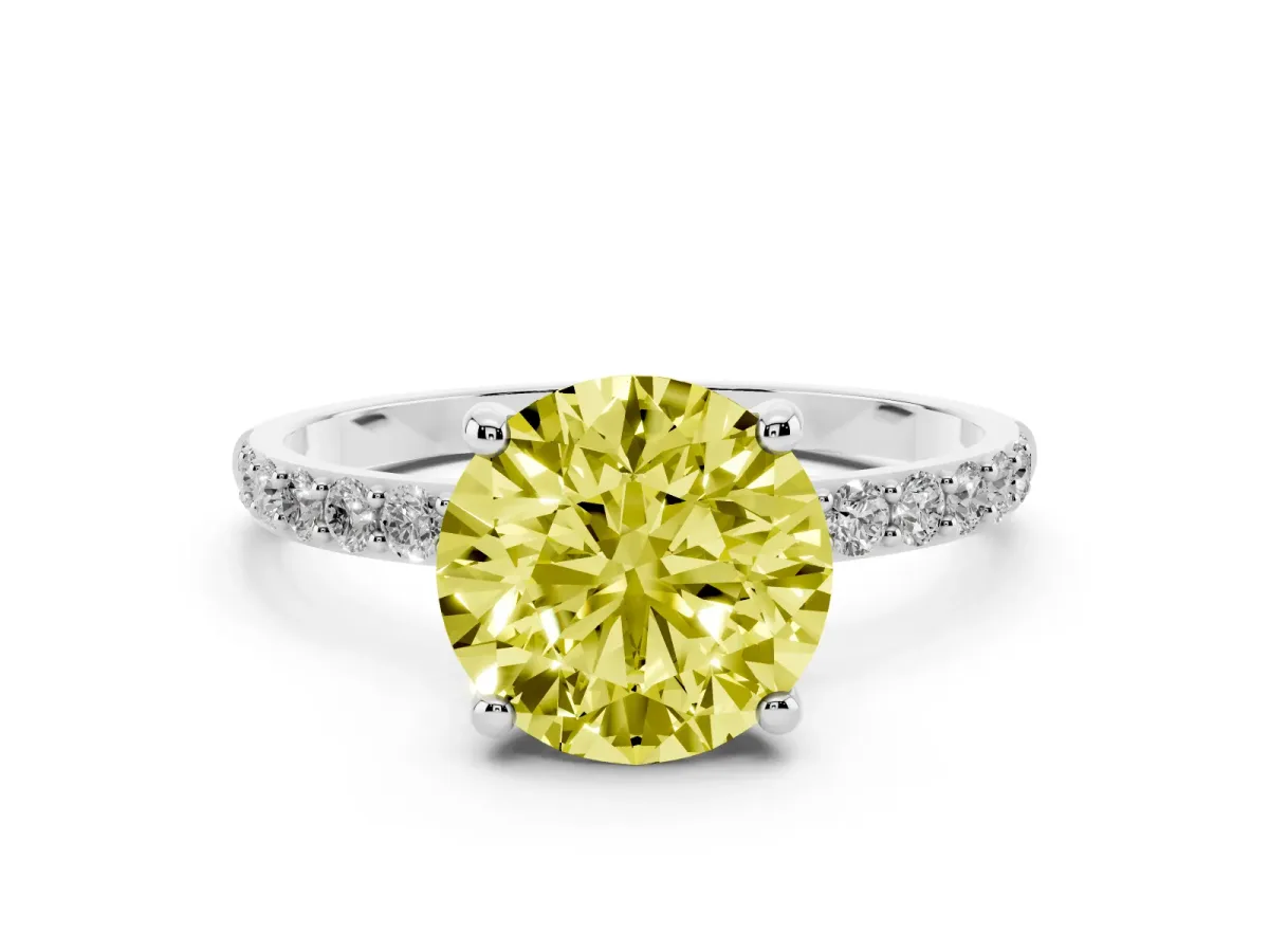 Fancy Yellow Round Cut Diamond Solitaire Ring with Round Pavé Band and Prong Setting Silver