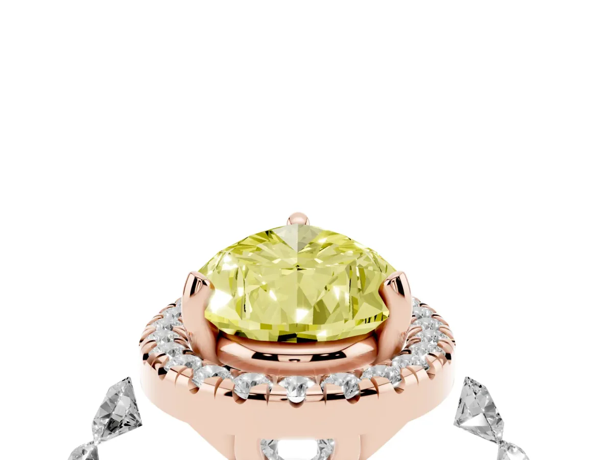Fancy Yellow Pear Cut Halo Pavé Diamond Engagement Ring with Four-Prong Setting Rose gold