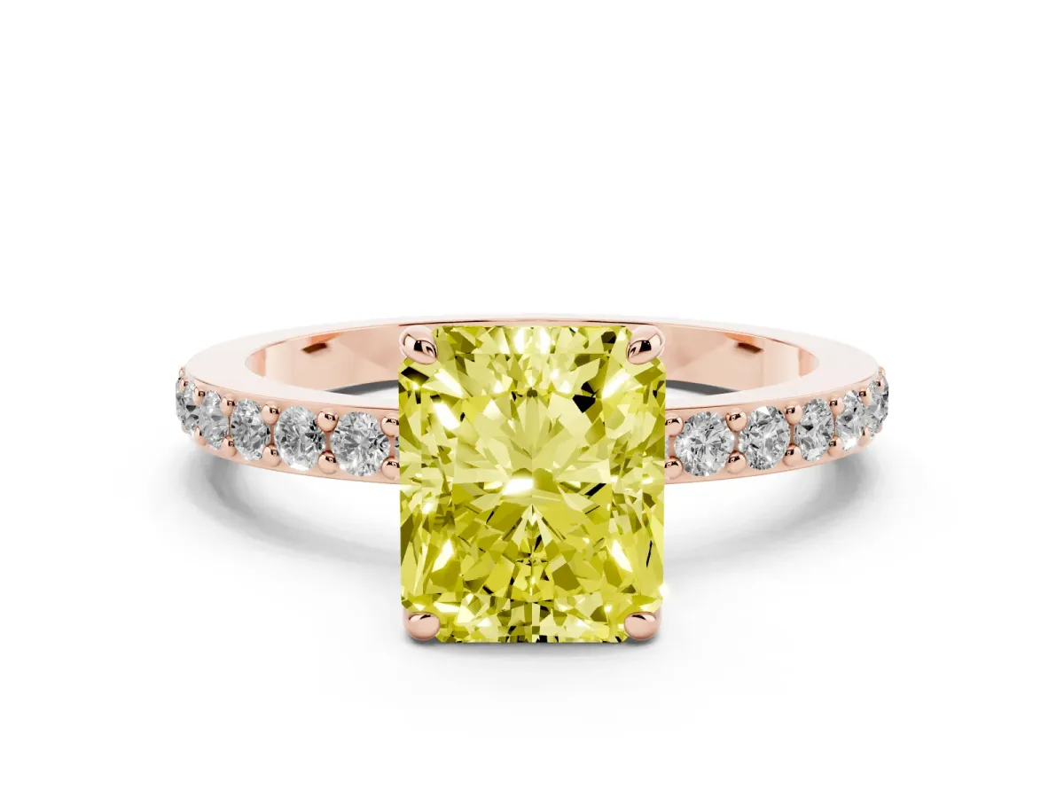 Fancy Yellow Radiant Cut Diamond Pavé Engagement Ring with Round Accents and Prong Setting Rose gold