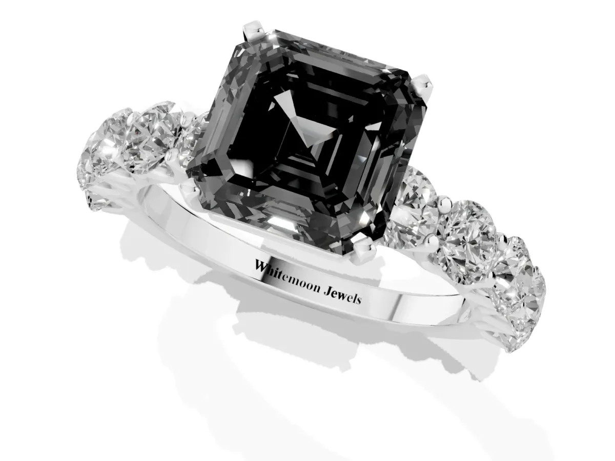 Fancy Black Asscher Cut Diamond Prong Setting with Side Stones on a Pave Band Silver