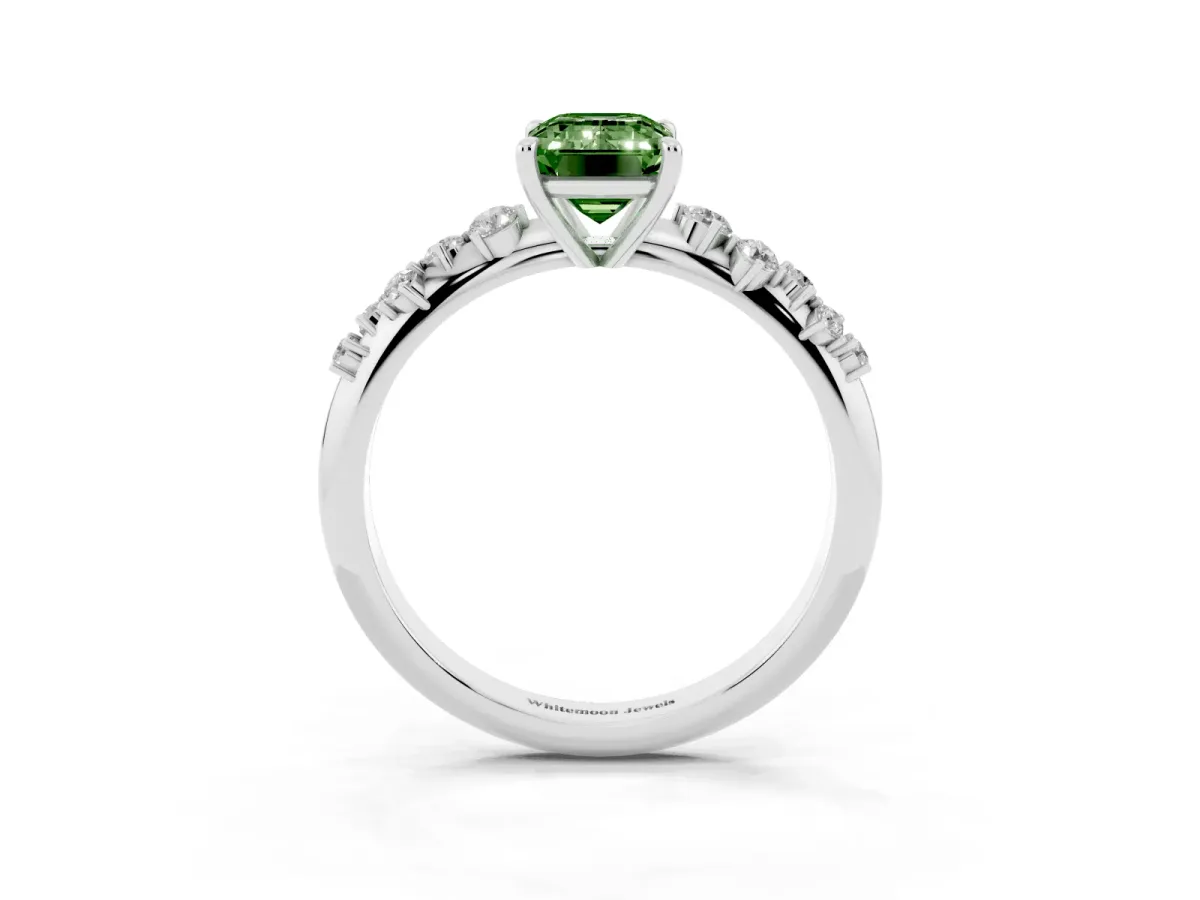 Fancy Green Emerald Cut Diamond Cluster Side Stone Solitaire Ring with Prong Setting Platinum