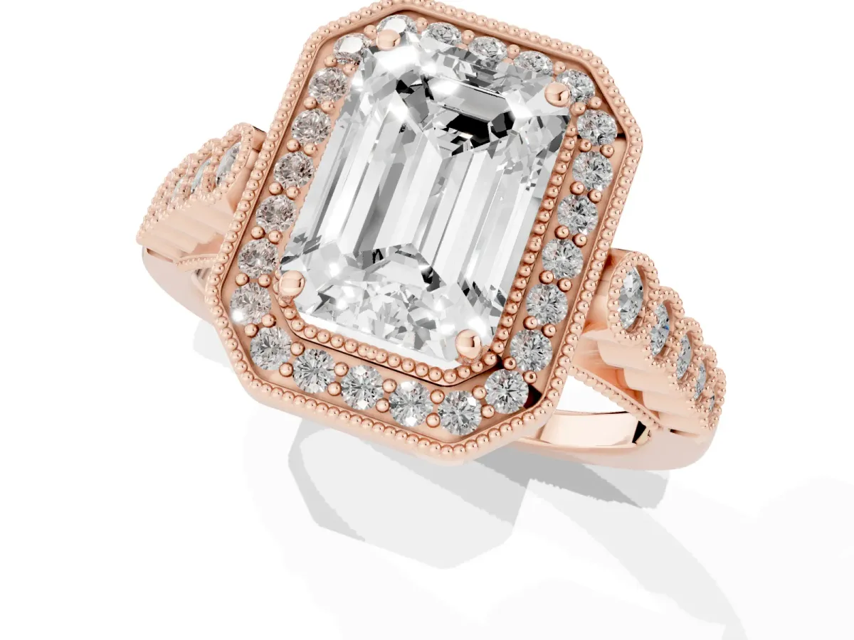 Emerald Cut Halo Milgrain Solitaire with Bezel Set Side Stones and Pave Band Rose gold