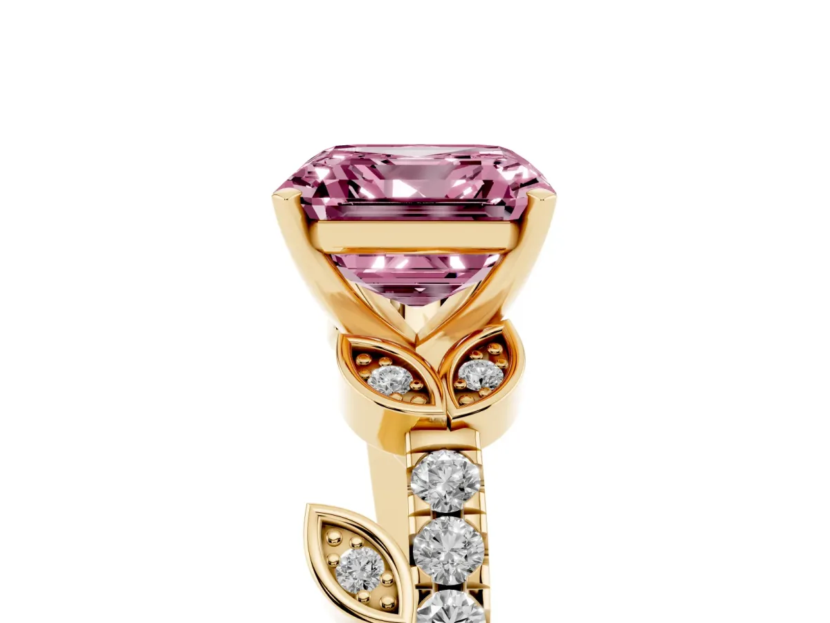 Fancy Pink Asscher Cut Solitaire Leaf-Inspired Diamond Ring with Pavé Band and Four-Prong Setting Yellow gold