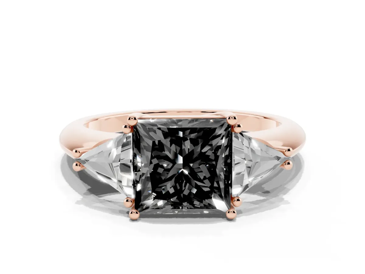 Fancy Black Three-Stone Princess Cut Diamond Engagement Ring with Trillion Side Stones and Prong Setting Rose gold