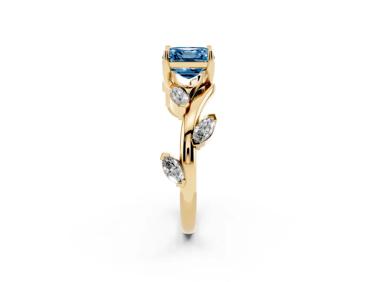 Fancy Blue Asscher Cut Solitaire Twisted Band Marquise Accent Prong Setting Ring Yellow gold