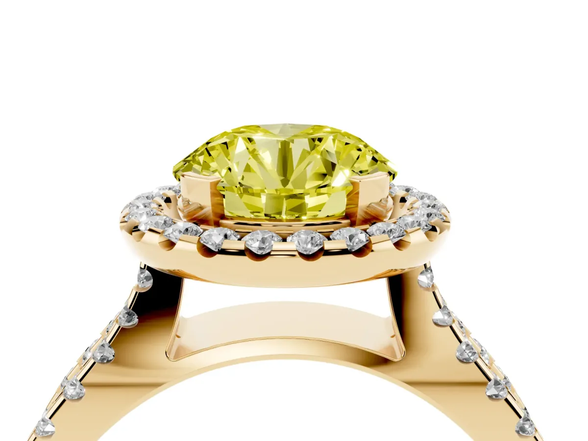 Fancy Yellow Round Cut Diamond Halo Ring with Split Shank Pavé Band and Prong Setting Yellow gold