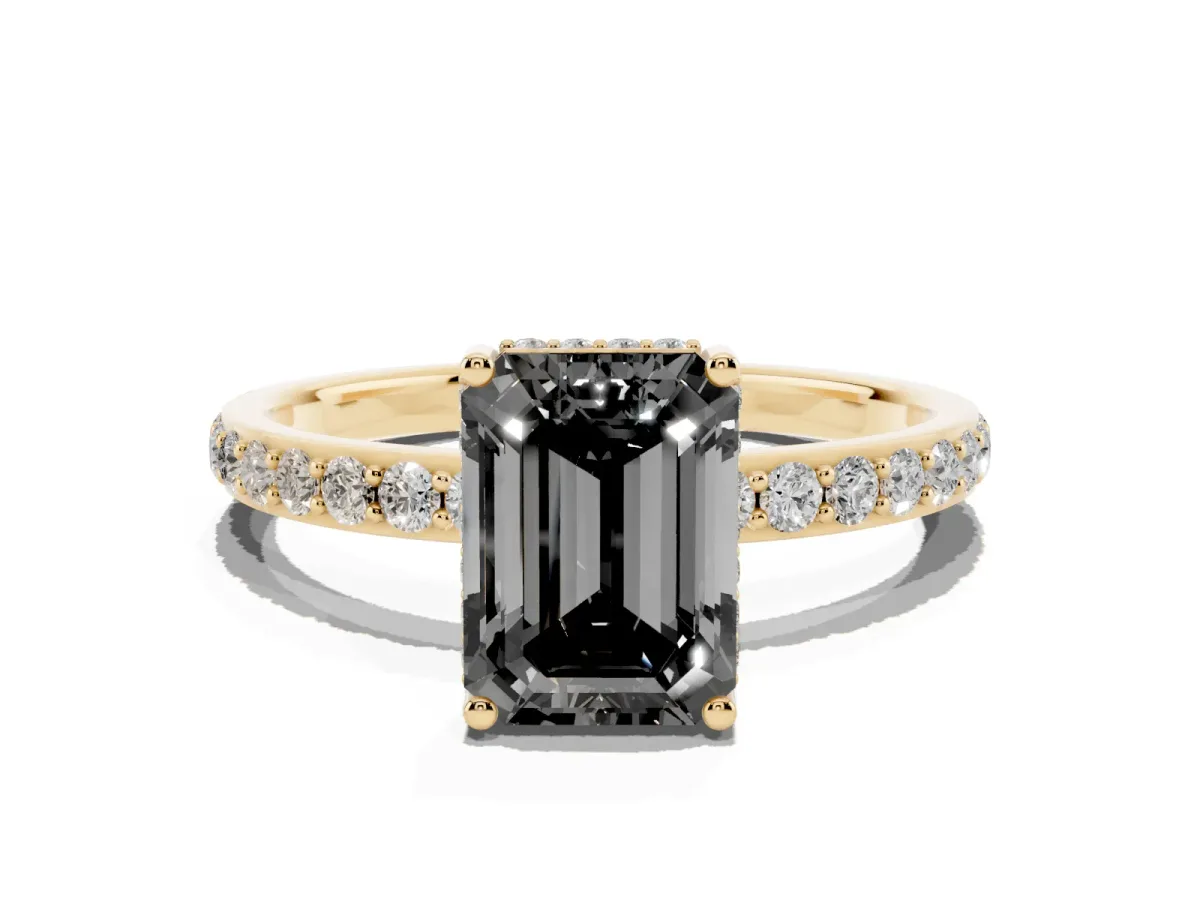Fancy Black Emerald Cut Diamond Solitaire Ring with Pavé Band and Hidden Halo Yellow gold