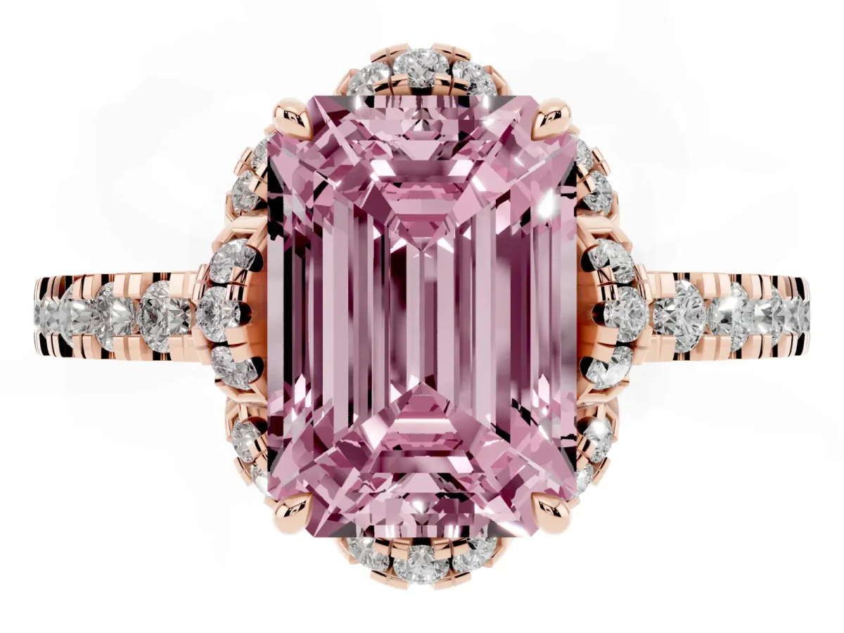 Fancy Pink Emerald Cut Diamond Halo Pave Band with Four-Prong Setting Rose gold